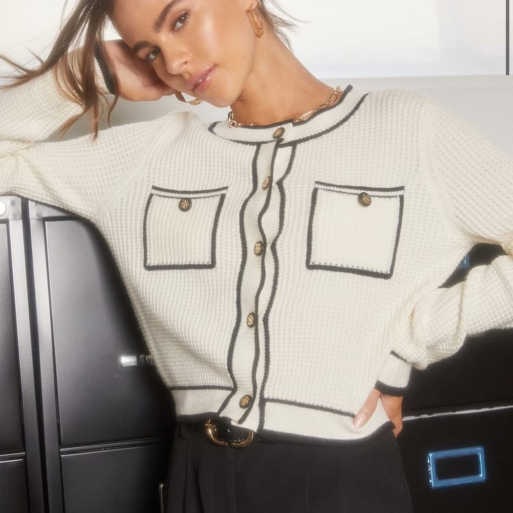 Lulu’s Impressively Iconic Ivory Waffle Knit Contrast Cardigan
